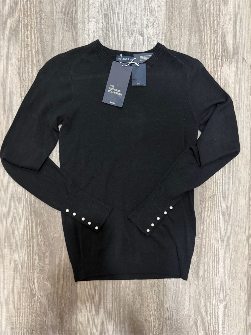 Zara Black Knit Sweater with Pearl-Cuff Detail
